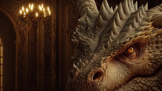 Majestic portrait of Smaug the Golden dragon, massive scaled creature with intelligent eyes, golden treasure hoard background, elaborate dwarven halls, warm golden lighting, detailed scales and