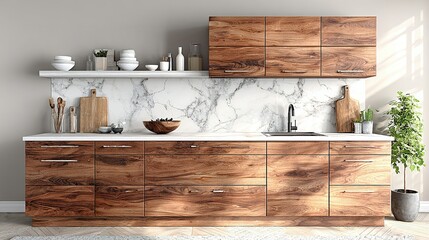 Modern kitchen with wooden cabinetry and marble backsplash.
