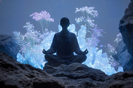 A person meditates while magically constructing an inner sanctuary of light and nature. This image symbolizes creating a mental safe space for peace and resilience.