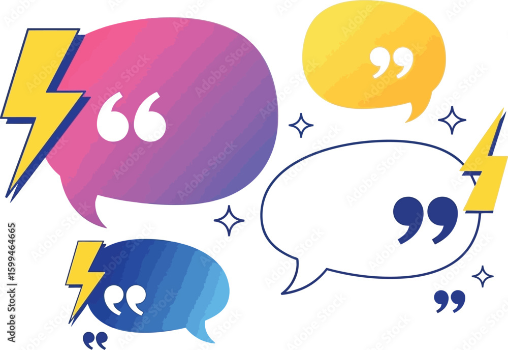 Fototapete vector illustration of speech bubbles with quotation marks and lightning bolts for social media post