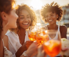 Diverse friends laughing toast Aperol Spritz glasses, sunny rooftop terrace summer gathering, golden hour warm light, crisp white outfits, shallow depth of field lifestyle. 
