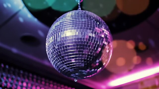 Shiny Silver Mirror Disco Ball with Purple Illumination in an Entertainment Venue