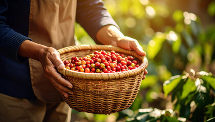Farmer’s Hands Harvesting Ripe Coffee Cherries into Woven Basket, Close-Up, Authentic