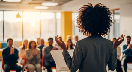 Fototapeta premium Inspiring Speaker Presents to Applauding Audience in Workshop