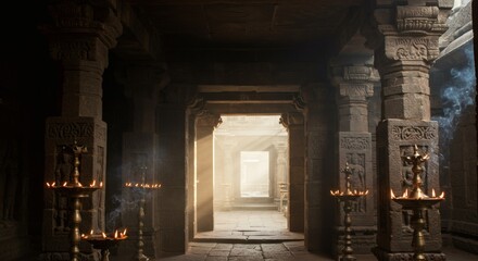 Ancient Indian Temple Interior with Stone Carvings and Flickering Oil Lamps – Mystical Smoke, Glowing Light Rays Through Doorway, Peaceful Sacred Ambience, Spiritual Architectural Inspiration


