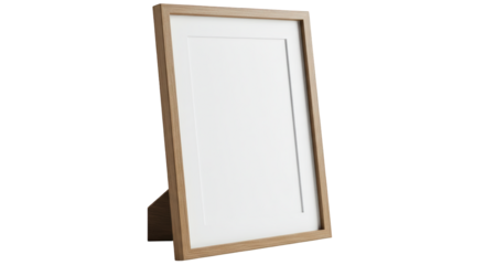 A wooden picture frame with a white mat leans against a white background, ready for display.