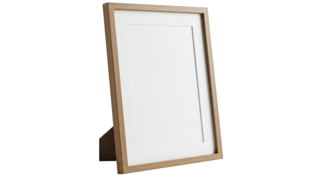 A wooden picture frame with a white mat leans against a white background, ready for display.