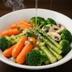 Steamed Vegetables with Oil Dressing in White Bowl