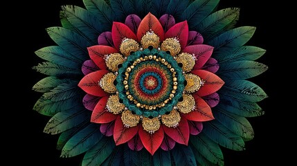 Colorful Pixel Art Mandala Flower on Dark Background