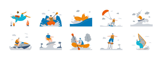 Set of water sport vector illustration. Extreme sport illustrations set. Flat vector illustration concept.