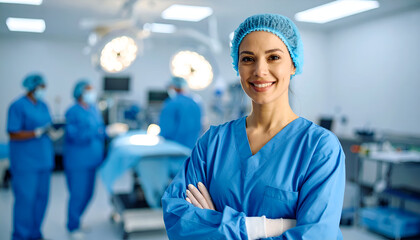 Smiling surgeon in operating room.