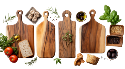 Handcrafted Wooden Cutting Boards: A flat lay of handcrafted wooden cutting boards with fresh food items, isolated on a Transparent background, PNG file.
