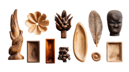 Handcrafted Wooden Decor: A flat lay of handcrafted wooden decor items like sculptures and trays, isolated on a Transparent background, PNG file.
