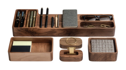 Handcrafted Wooden Desk Organizer: A flat lay of a handcrafted wooden desk organizer with compartments for pens, notepads, and clips, isolated on a Transparent background, PNG file.