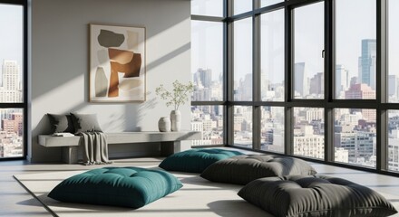 Bright modern lounge with floor cushions, abstract art, and panoramic city skyline views.