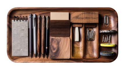 Handcrafted Wooden Desk Organizer: A flat lay of a handcrafted wooden desk organizer with compartments for pens, notepads, and clips, isolated on a Transparent background, PNG file.
