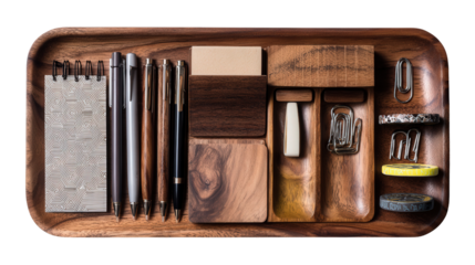 Handcrafted Wooden Desk Organizer: A flat lay of a handcrafted wooden desk organizer with compartments for pens, notepads, and clips, isolated on a Transparent background, PNG file.