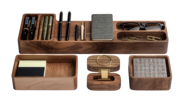 Handcrafted Wooden Desk Organizer: A flat lay of a handcrafted wooden desk organizer with compartments for pens, notepads, and clips, isolated on a Transparent background, PNG file.