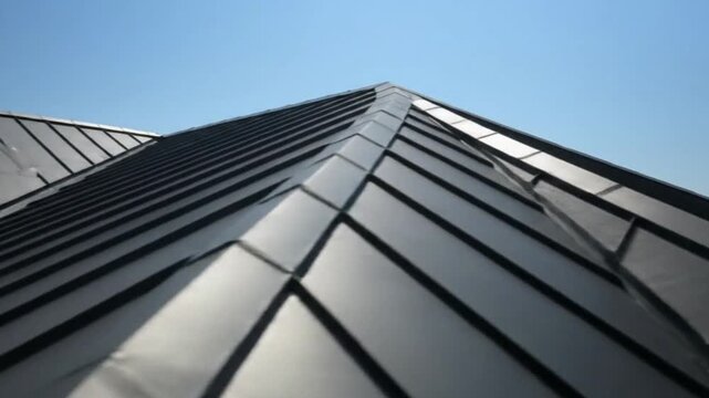 A shiny metal roof against a clear blue sky
