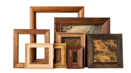 Handcrafted Wooden Frames: A flat lay of handcrafted wooden frames with beautiful artwork, isolated on a Transparent background, PNG file.