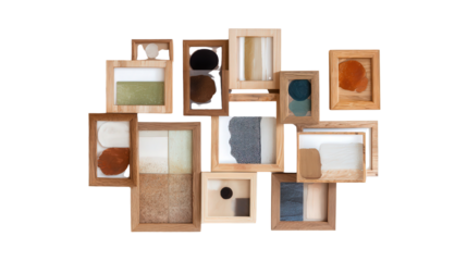 Handcrafted Wooden Frames: A flat lay of handcrafted wooden frames with beautiful artwork, isolated on a Transparent background, PNG file.