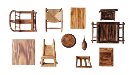 Handcrafted Wooden Furniture: A flat lay of handcrafted wooden furniture pieces like tables and chairs, isolated on a Transparent background, PNG file.