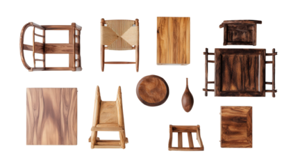 Handcrafted Wooden Furniture: A flat lay of handcrafted wooden furniture pieces like tables and chairs, isolated on a Transparent background, PNG file.