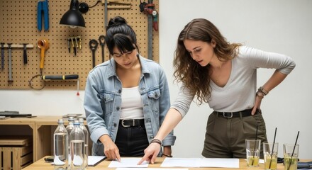 Two young women collaborating on a project, pointing at documents on a table in a creative workshop.