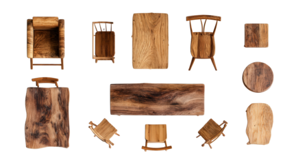 Handcrafted Wooden Furniture: A flat lay of handcrafted wooden furniture pieces like tables and chairs, isolated on a Transparent background, PNG file.