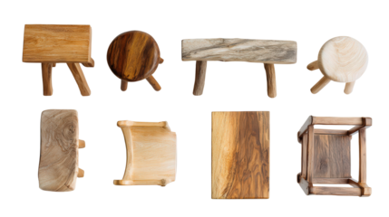 Handcrafted Wooden Furniture: A flat lay of handcrafted wooden furniture pieces like stools, tables, and chairs, isolated on a Transparent background, PNG file.