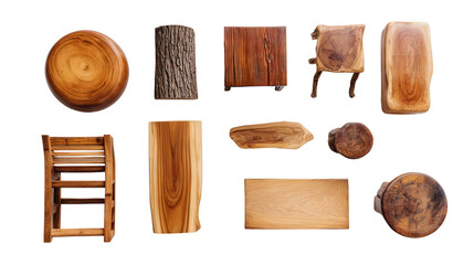 Handcrafted Wooden Furniture: A flat lay of handcrafted wooden furniture like stools, tables, and chairs, isolated on a Transparent background, PNG file.