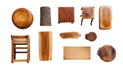 Handcrafted Wooden Furniture: A flat lay of handcrafted wooden furniture like stools, tables, and chairs, isolated on a Transparent background, PNG file.