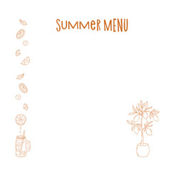 Summer menu design with illustrations of drinks and plant elements on a white background