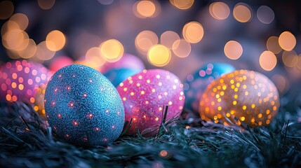 Easter eggs lit up with colorful lights | stock photo, holiday decor, glowing celebration, festive display