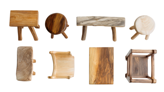 Handcrafted Wooden Furniture: A flat lay of handcrafted wooden furniture pieces like stools, tables, and chairs, isolated on a Transparent background, PNG file. - Powered by Adobe