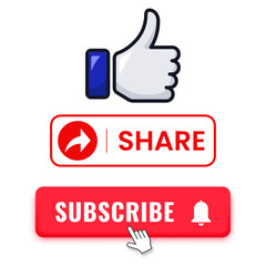 Subscribe, Like, and Share Button Vector Icons Set