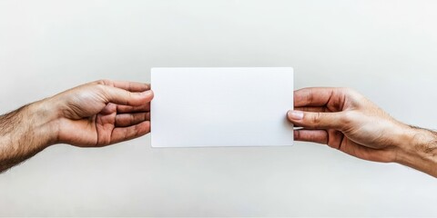 Blank card being passed between two hands.