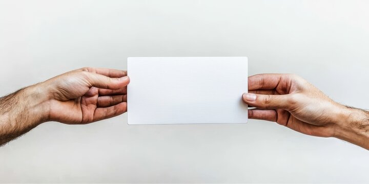 Blank card being passed between two hands.