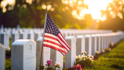 Sunset at military cemetery with USA flag.