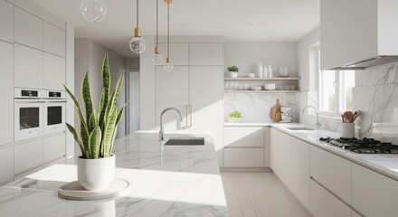 Bright modern kitchen with marble surfaces, minimalist design, and natural light.
