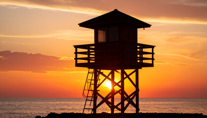 Sunset Silhouette with Beach Lifeguard Tower.