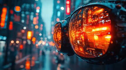 Cyberpunk Cityscape Reflected in Rainy Sunglasses