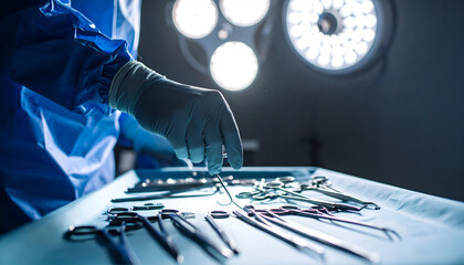 Surgeon preps surgical tools in OR.