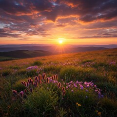 Obraz premium Vibrant Sunset Over a Wildflower Meadow