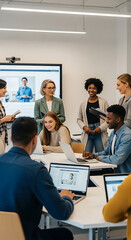 A diverse group of students (adults or young adults) engaged in a hybrid class, with some on laptops and others interacting in person in a modern, well-lit classroom. A large monitor screen in the bac