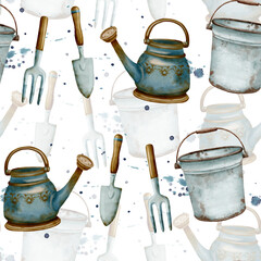 Watercolor Garden Tools Pattern featuring delightful Watering Cans and various Buckets
