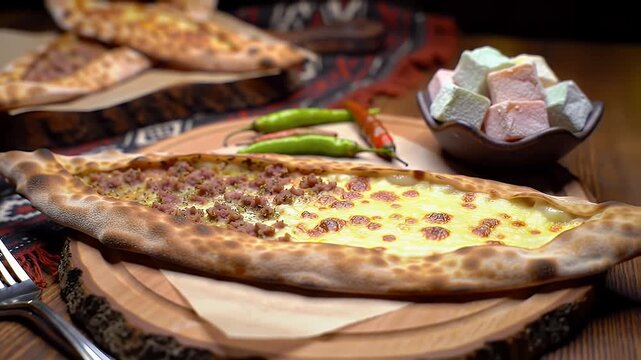 Close up of Pide Turkish Flatbread with Cheese on Wooden Board with Peppers and Turkish Delight in a Restaurant Setting