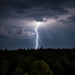Powerful Lightning Strike Over Dark Forest at Night