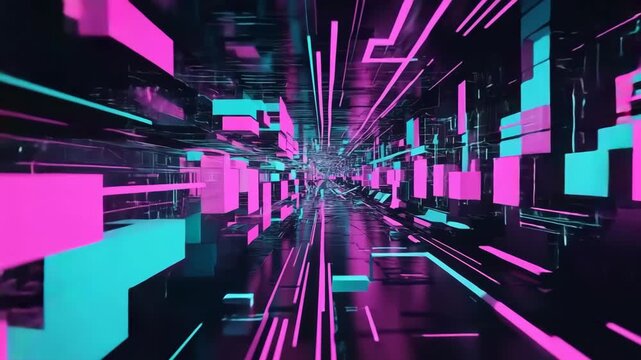 Energetic Abstract Glitch Effect in Neon Pink and Aqua with Dynamic Visual Depth - Powered by Adobe