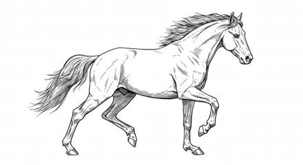 Elegant Galloping Horse Side View in Dynamic Motion – Black Ink Line Art on White Background, Detailed Mane and Muscular Form, Vintage Engraving Style for Tattoos, Posters, or Equestrian Designs